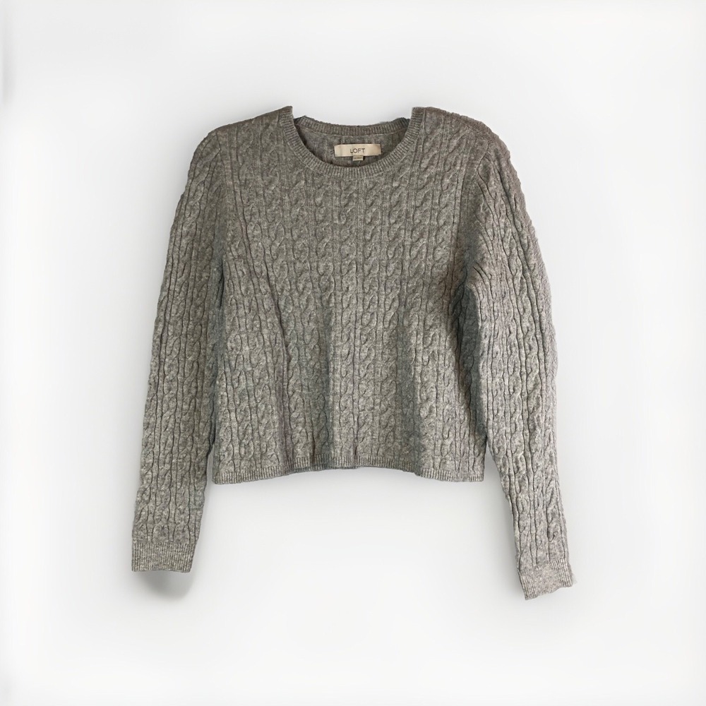Loft Womens Cable Knit Sweater Medium Grey Gray Pullover Basic Minimal Capsule